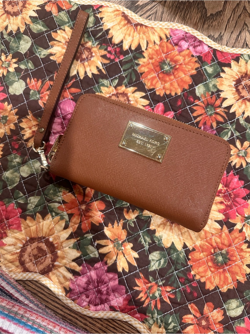 Michael Kors Cognac Saffiano Leather Wristlet Wallet with Gold Plaque